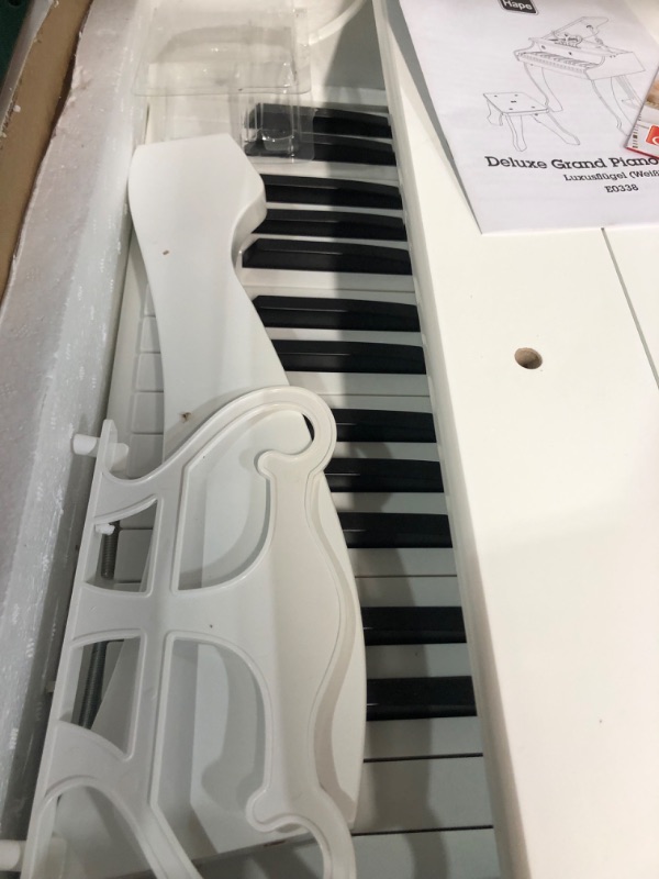 Photo 5 of ***DAMAGE TO HARDWARE AND PARTS, PARTS ONLY, NON-FUNCTIONAL** Hape Deluxe White Grand Piano | Thirty Key Piano Toy with Stool, Electronic Keyboard Musical 