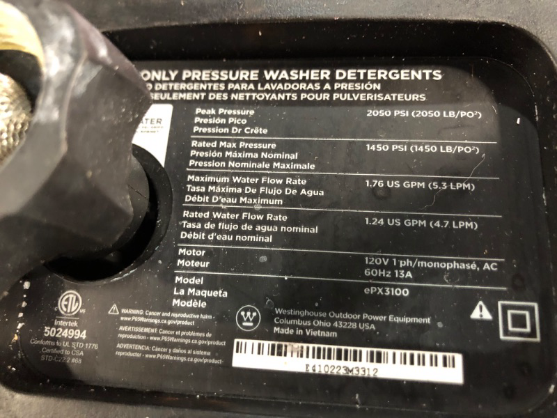Photo 1 of **PARTS ONLY**
Westinghouse ePX3050 Electric Pressure Washer, 2050 Max PSI 1.76 Max GPM 