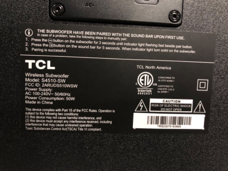 Photo 5 of TCL 5.1ch Sound Bar with Wireless Subwoofer (S4510, 2023 Model), Built-in Center Black