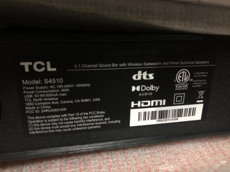 Photo 10 of TCL 5.1ch Sound Bar with Wireless Subwoofer (S4510, 2023 Model), Built-in Center Black