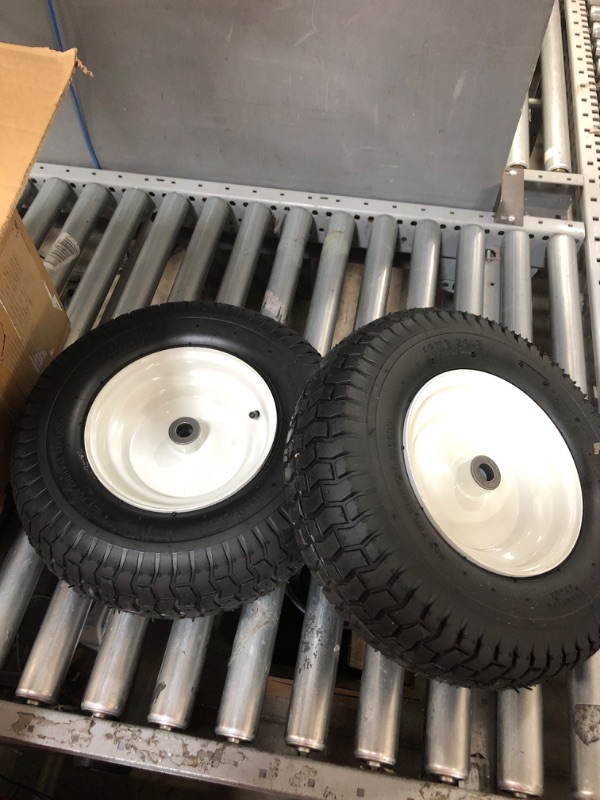 Photo 2 of (2-Pack) 16x6.50-8 Pneumatic Tires on Rim - Universal Fit Riding Mower and Yard Tractor Wheels - With Chevron Turf Treads - 3” Centered Hub and 3/4” Bushings - 615 lbs Max Weight Capacity