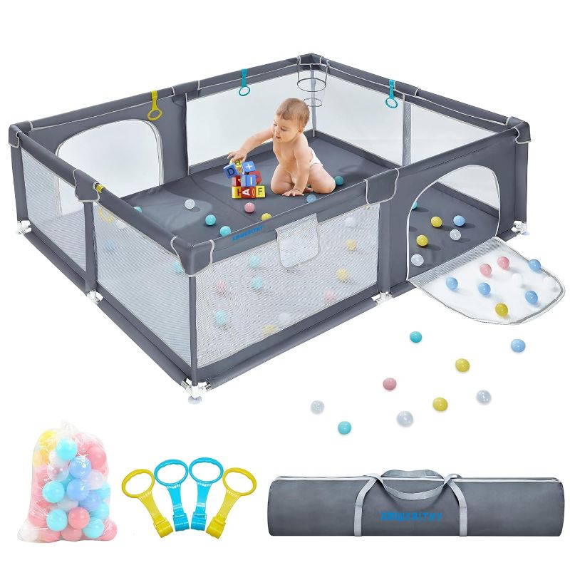 Photo 1 of Baby Playpen, 78" x 62" x 26" Playpen for Babies and Toddlers, Indoor & Outdoor Kids Activity Center, Sturdy Safety Play Yard with Soft Breathable Mesh, Dark Grey (Including 50 Ocean Balls)
