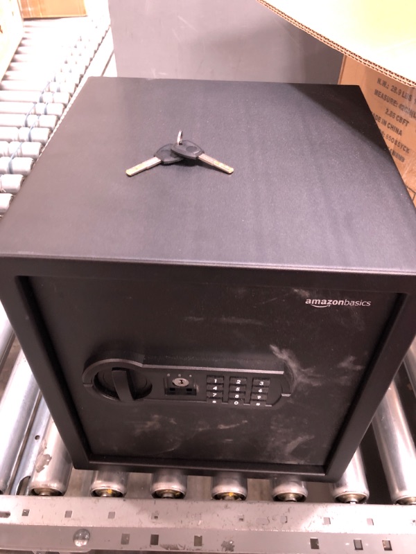 Photo 1 of Amazon Basics Steel Home Security Safe with Programmable Keypad - Valuables - 1.2 Cubic Feet, 13 x 13 x 14.2 Inches, Black & 8-Sheet Capacity, Cross-Cut Paper and Credit Card Shredder, 4.1 Gallon