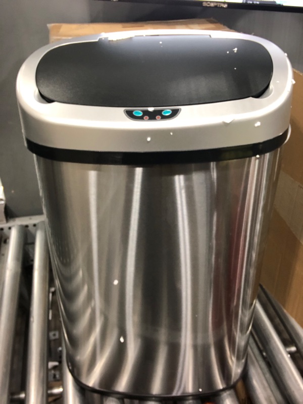 Photo 1 of *** MINOR DENT TO SIDE OF TRASH CAN **** Touchless 13 Gallon Oval Sensor Touchless Trash Can with Odor Control System & AC Power Adapter for Automatic Sensor Trash Cans, Official and Manufacturer Certified, UL Listed, Energy Saving Oval Stainless Steel