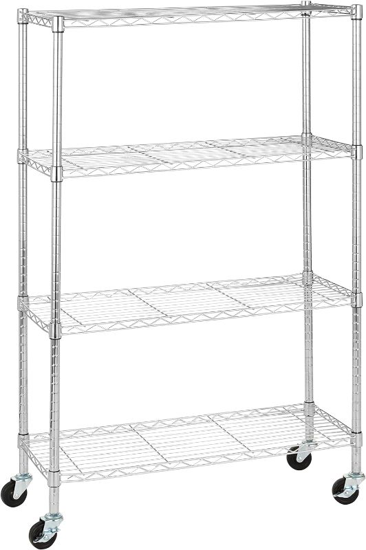 Photo 1 of Amazon Basics 4-Shelf Heavy Duty Shelving Storage Unit on 3'' Wheel Casters, Metal Organizer Wire Rack - Chrome Silver