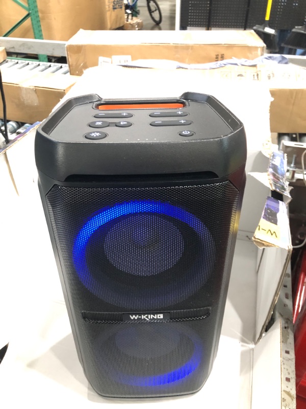 Photo 2 of *****POWERS ON ****W-KING 100W Bluetooth Speakers V5.3, IPX6 Waterproof Portable Loud Speaker with Deep Bass/110dB Huge Sound/DSP, Karaoke Outdoor Boombox with Lights/Mic & Guitar Port/Echo/USB Port/EQ/Adapter Included