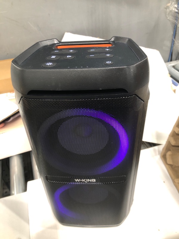 Photo 2 of ***POWERS ON  *** W-KING 100W Bluetooth Speakers V5.3, IPX6 Waterproof Portable Loud Speaker with Deep Bass/110dB Huge Sound/DSP, Karaoke Outdoor Boombox with Lights/Mic & Guitar Port/Echo/USB Port/EQ/Adapter Included