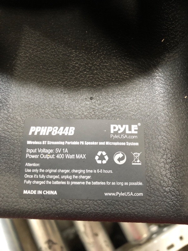 Photo 4 of used. Pyle 400W Portable Bluetooth PA Loudspeaker - 8” Subwoofer System, 4 Ohm/55-20kHz, USB/MP3/FM Radio/ ¼ Mic Inputs, Multi-Color LED Lights, Built-in Rechargeable Battery w/ Remote Control -PPHP844B