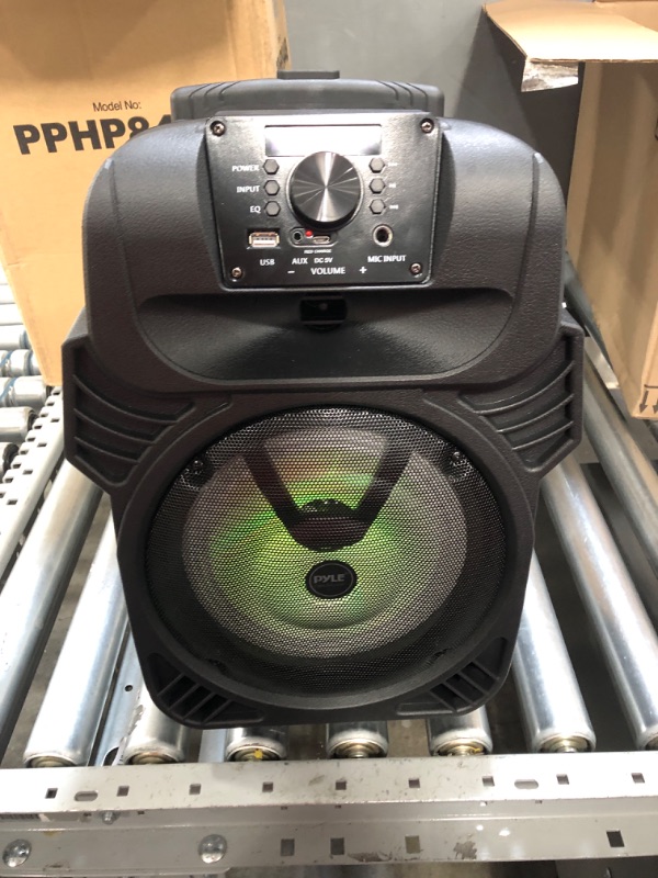 Photo 2 of used. Pyle 400W Portable Bluetooth PA Loudspeaker - 8” Subwoofer System, 4 Ohm/55-20kHz, USB/MP3/FM Radio/ ¼ Mic Inputs, Multi-Color LED Lights, Built-in Rechargeable Battery w/ Remote Control -PPHP844B