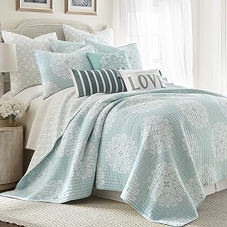 Photo 2 of Levtex Home - Lara Spa Quilt Set - Full/Queen Quilt + Two Standard Pillow Shams - Sophisticated Medallion - Blue and White - Quilt Size (88x92in.) and Pillow Sham Size (26x20in.) - Reversible - Cotton