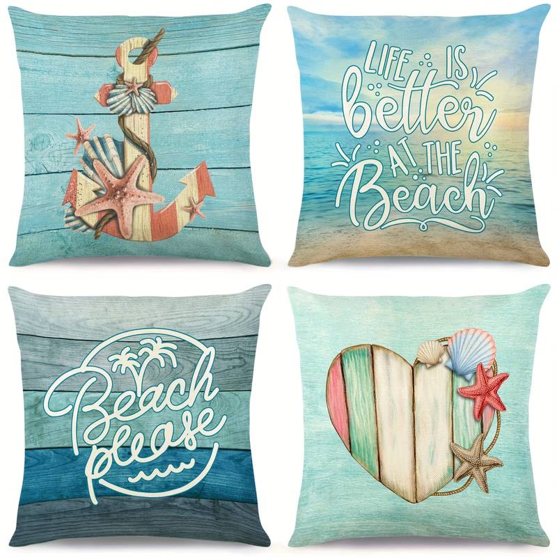 Photo 1 of 4pcs Summer Coastal Beach Pillow Covers, Tropical Sea Ocean Nautical Starfish Seashell Rustic Throw Pillow Covers For Home, Outdoor Linen Cushion Case Pillowcase For Sofa Couch Home Decor, 18*18 Inch
