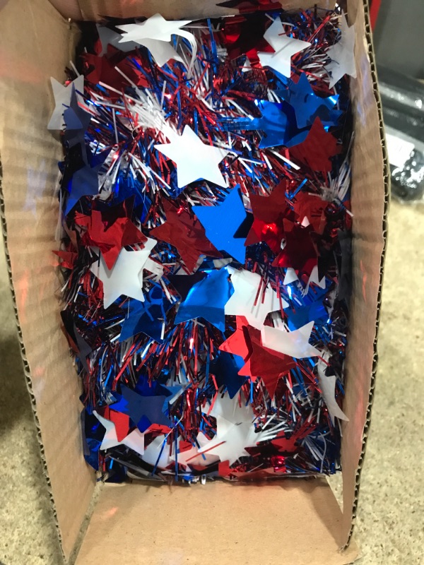 Photo 1 of 4th of July Tinsel Garland,Patriotic Metallic Star Garland for Tree Banister Fireplace Home Party Decoration 4ft