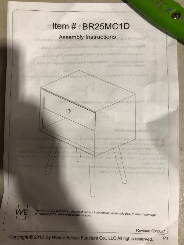 Photo 3 of * item used * damage to one leg * 
Walker Edison Mid Century Modern Wood Nightstand Side Table, 1 Drawer, 