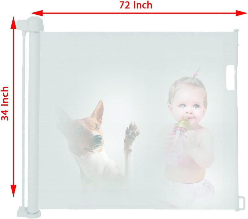 Photo 1 of (LOOSE HARDWARE) PETSTAR 72" Wide Retractable Baby Gate, Fence Safety Gate for Kids and Pets, 34" Tall, Extends to 72", Extra Wide Safety Baby Gate, Dog Gate for Indoor, Outdoor, Stairs, Doorways, Hallways (White)
