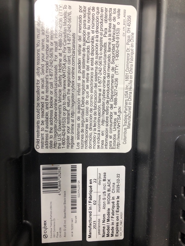Photo 3 of Cybex Aton G Infant Car Seat with Linear Side-Impact Protection, 11-Position Adjustable Headrest, in-Shell Ventilation, Easy-in Buckle and Secure Safelock Base, Moon Black Car Seat Moon Black