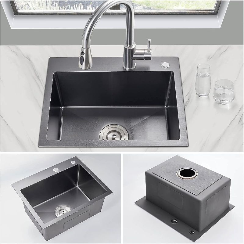 Photo 1 of ROVOGO 24 x 18 x 9-inch Drop-in Kitchen Sink Single Bowl with 2 Holes, 304 Stainless Steel Top Mount Handmade Sink with Basket Strainer, Black

