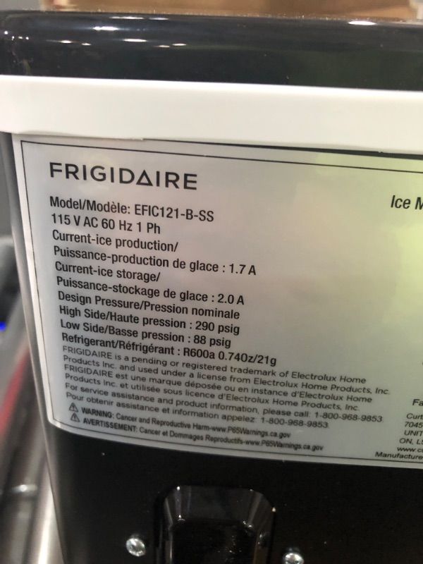 Photo 3 of * powers on * unable to test further *
Frigidaire Compact Countertop Ice Maker, Makes 26 Lbs. Of Bullet Shaped Ice Cubes Per Day, Silver Stainless