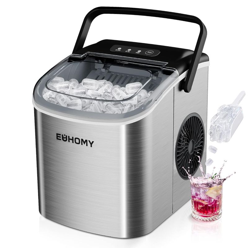 Photo 1 of 
EUHOMY Countertop Ice Maker Machine with Handle, 26lbs in 24Hrs, 9 Ice Cubes Ready in 6 Mins, Auto-Cleaning Portable Ice Maker with Basket and Scoop, for Home/Kitchen/Camping/RV. (Silver)
