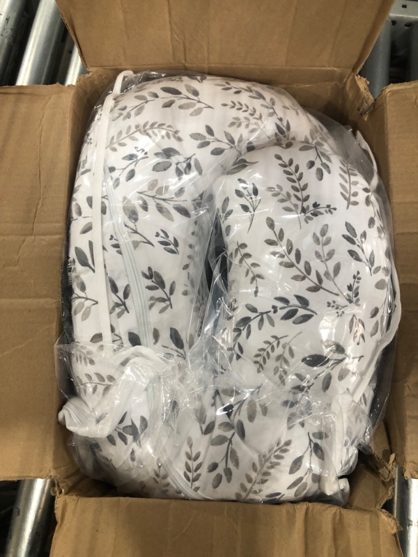 Photo 1 of Boppy Original Support Nursing Pillow, Gray Taupe Leaves, Ergonomic Breastfeeding, Bottle Feeding, and Bonding, Firm Hypoallergenic Fiber Fill, Removable Cover, Machine Washable