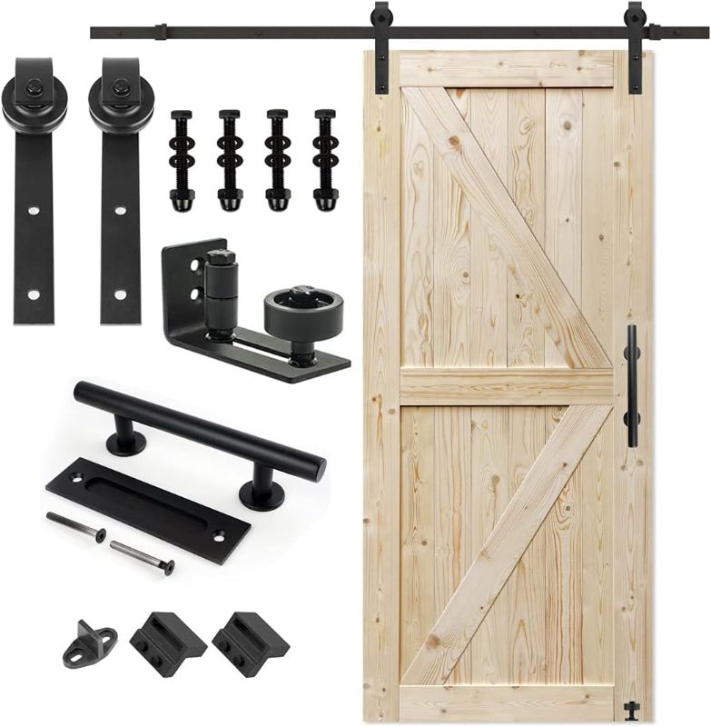 Photo 1 of  36 in. x 84 in. Unfinished British Brace Knotty Barn Door with 6.6FT Sliding Door Hardware Kit/Solid Wood/Sliding Door/Double Surfaces/A Simple Assembly is Required (36, Door+J Shape)
