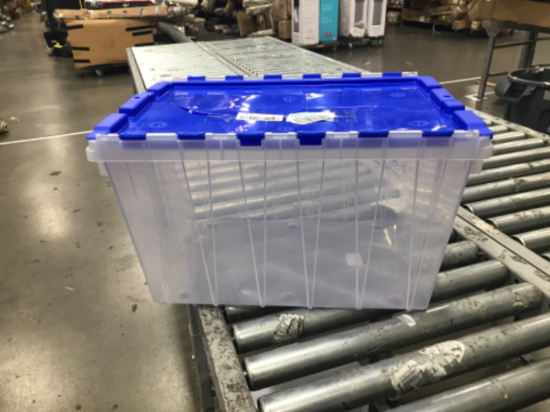 Photo 2 of Akro-Mils 66486 12-Gallon Plastic Stackable Storage Keepbox Tote Container with Attached Hinged Lid, 21-1/2-Inch x 15-Inch x 12-1/2-Inch, Clear/Blue Clear/Blue Keep Box