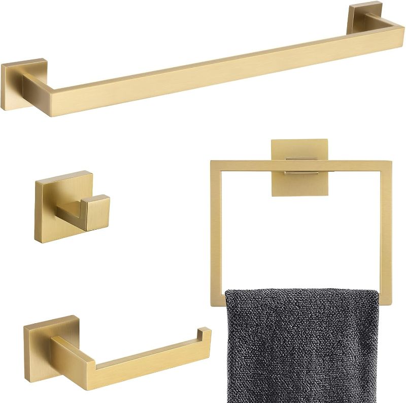 Photo 1 of Brushed Gold Bathroom Towel Bar Sets Premium Stainless Steel 4-Piece Bathroom Hardware Set Wall Mounted Square Bathroom Accessories Kit
