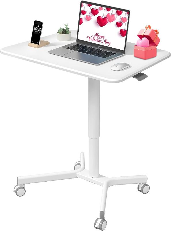 Photo 1 of JYLH JOYSEEKER Mobile Standing Desk, 28 inch Height Adjustable Rolling Laptop Desk, Pneumatic Sit Stand Desk with Lockable Wheels, Portable Desk Workstation for Home Office, White
