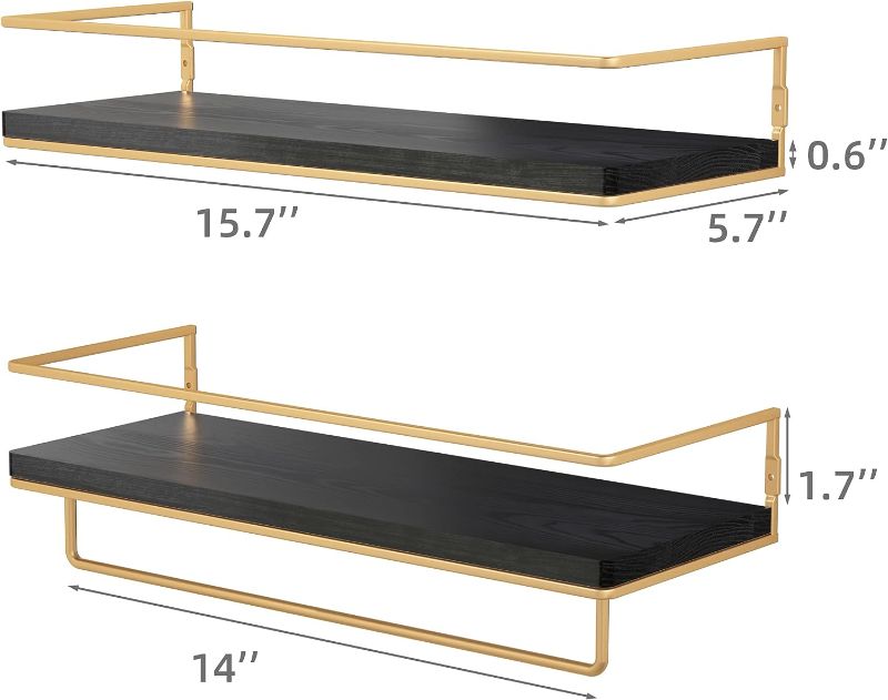 Photo 1 of 24HOCL Floating Shelves Wall Mounted with 7 Removable S Hooks, Adhesive/Drill Installation Wall Shelves for Bedroom/Bathroom/Living Room/Kitchen/Laundry Room, Storage & Decoration, Black/Gold