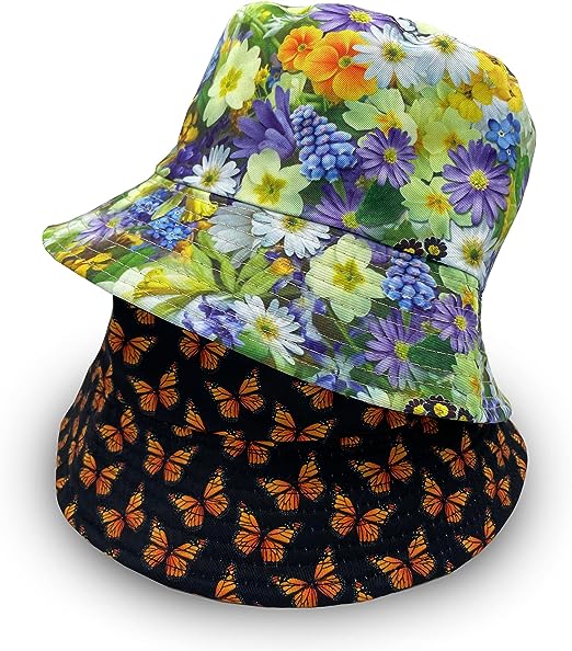 Photo 1 of 2Pcs Bucket Hat for Men Women, Reversible Double-Side-Wear Sun Hats for Couples Summer Travel Beach Caps One Size Cow