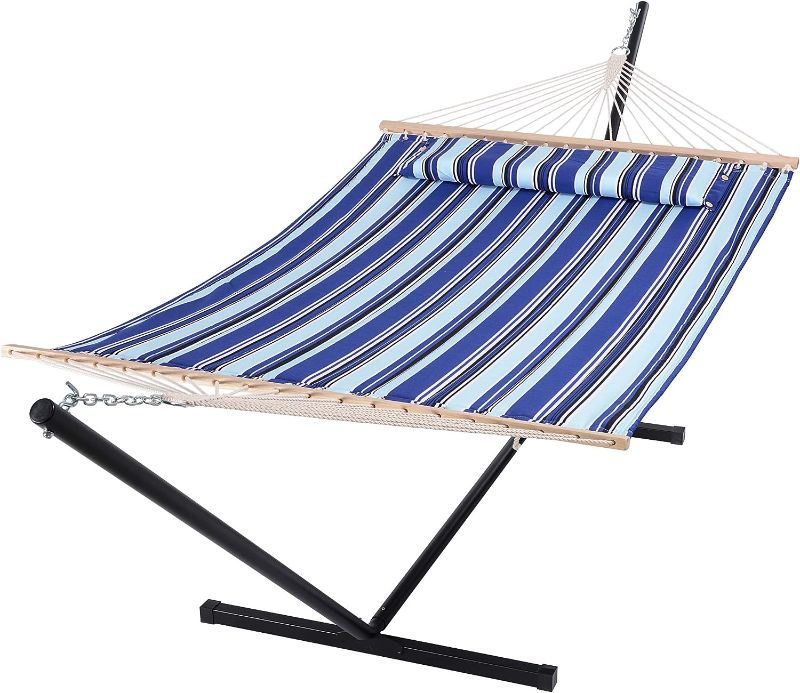 Photo 1 of [FOR PARTS, READ NOTES]
SUNCREAT Two Person Hammock with Stand Heavy Duty, Free Standing Hammocks Outdoors for 2 Person, Max 475lbs Capacity, Blue Stripes