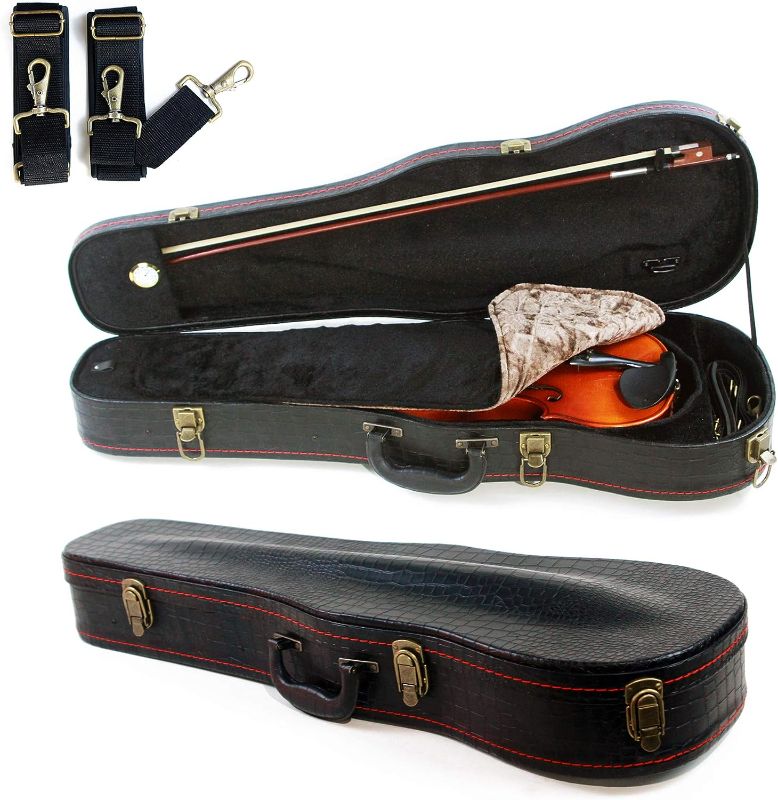 Photo 1 of 4/4 Full Size Violin Case, Plush Interior Wooden Hard Case With Hygrometer, Crocodile Pattern Leather Bulge Surface Case (Black)