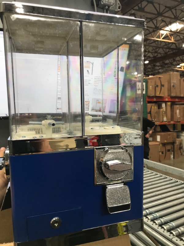 Photo 1 of VEVOR Gumball Machine with Stand, BLUE Quarter Candy Dispenser, Rotatable Four Compartments Square Candy Vending Machine, PC & Iron Large Gumball Bank Adjustable Dispenser Wheels for 1" Gumballs