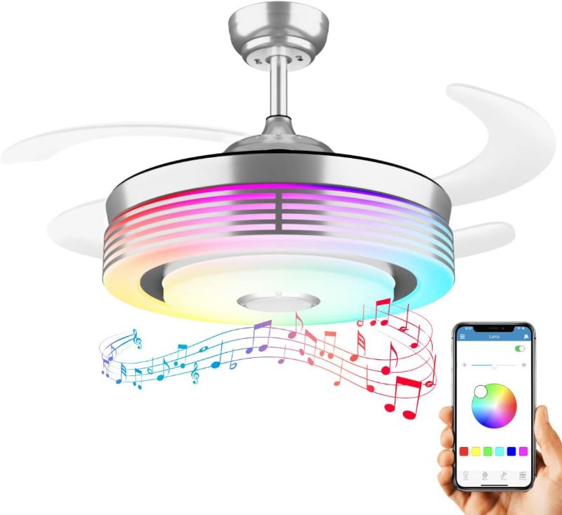 Photo 1 of 42 Inch Modern Retractable Ceiling Fan with Lights and Bluetooth Speaker Color Change Fandelier Smart Ceiling Fan 6 Speed Invisible Chandelier Ceiling Fans Light with Remote for Bedroom (Chrome) 42 inch Chrome