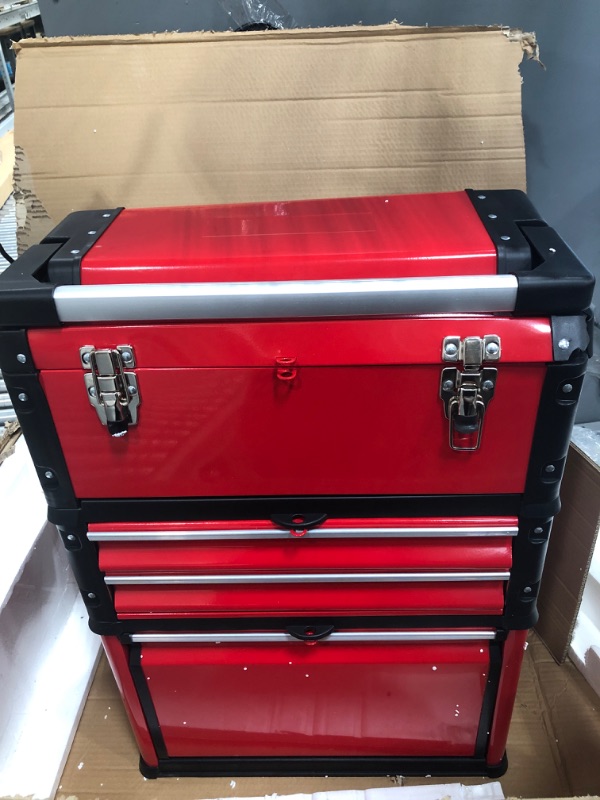 Photo 2 of BIG RED TRJF-C305ABD Torin Garage Workshop Organizer: Portable Steel and Plastic Stackable Rolling Upright Trolley Tool Box with 3 Drawers, Red