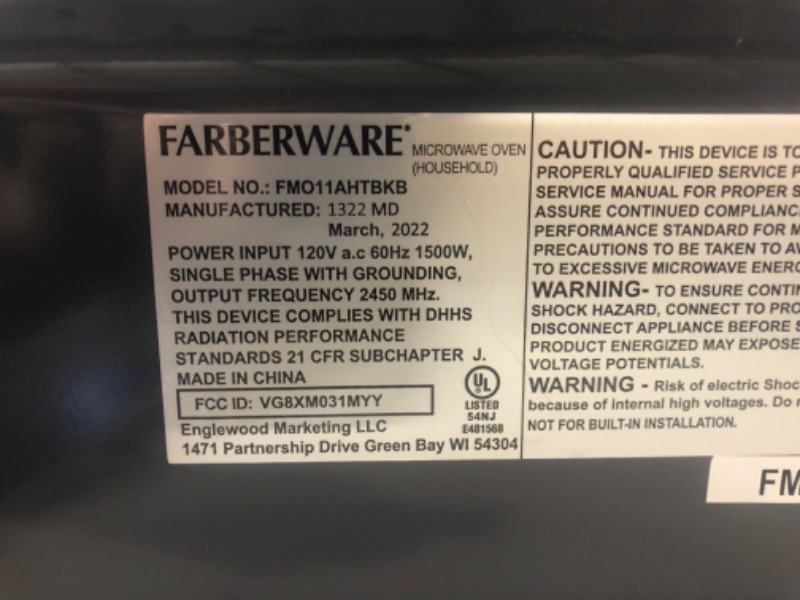 Photo 4 of **FOR PARTS ONLY**
Farberware Countertop Microwave 1.1 Cu. Ft. 1000-Watt Compact Microwave Oven with LED lighting, Child lock, and Easy Clean Interior, Stainless Steel Interior & Exterior