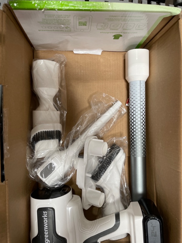 Photo 5 of **USED**
Greenworks 24V Brushless Cordless Stick Vacuum, Lightweight, Handheld, Pet, Anti-Allergen HEPA Filtration, Hard Floor, Carpet, Car, 4Ah Battery, and 30-Minute Charge Time (White) Stick Vacuum (White)