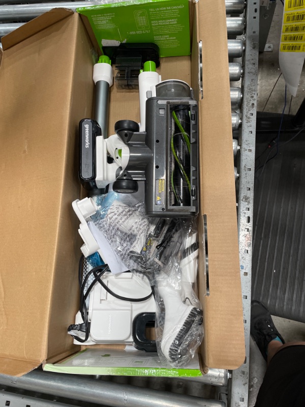 Photo 2 of **USED**
Greenworks 24V Brushless Cordless Stick Vacuum, Lightweight, Handheld, Pet, Anti-Allergen HEPA Filtration, Hard Floor, Carpet, Car, 4Ah Battery, and 30-Minute Charge Time (White) Stick Vacuum (White)