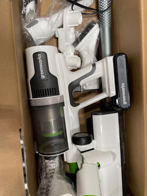 Photo 4 of **USED**
Greenworks 24V Brushless Cordless Stick Vacuum, Lightweight, Handheld, Pet, Anti-Allergen HEPA Filtration, Hard Floor, Carpet, Car, 4Ah Battery, and 30-Minute Charge Time (White) Stick Vacuum (White)