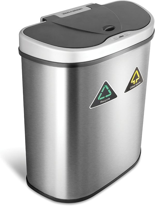 Photo 1 of Ninestars Automatic Touchless Sensor Trash Can/Recycler with D Shape Silver/Black Lid & Stainless Base, 18 Gal & NSTB-10-30 Extra Strong White Trash Bag w/Drawstring Closure, 10 Gal/ 40 L, 30 Count 18 Gal Trash Can