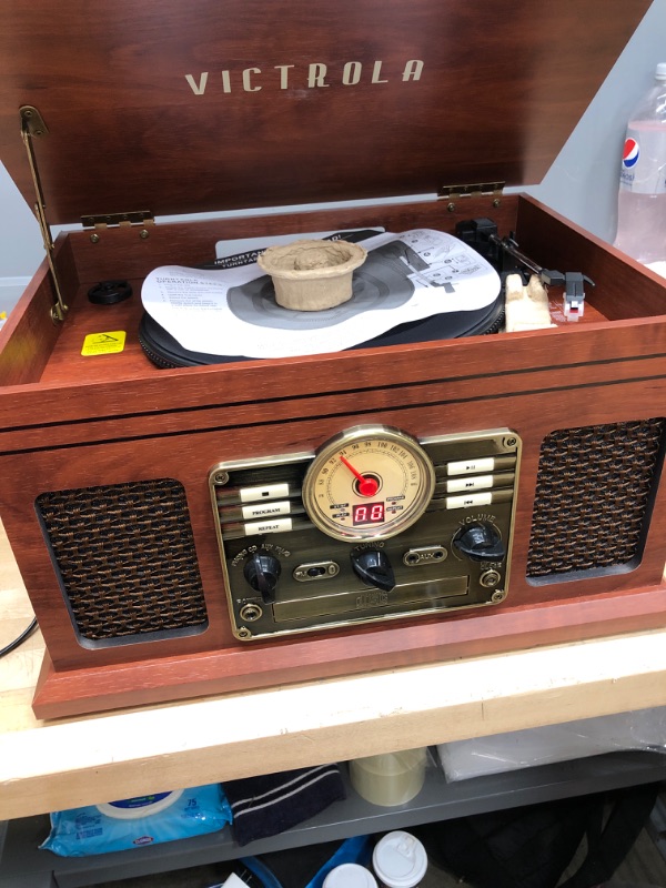 Photo 2 of Victrola Nostalgic 6-in-1 Bluetooth Record Player & Multimedia Center with Built-in Speakers - 3-Speed Turntable, CD & Cassette Player, FM Radio | Wireless Music Streaming | Mahogany Mahogany Entertainment Center