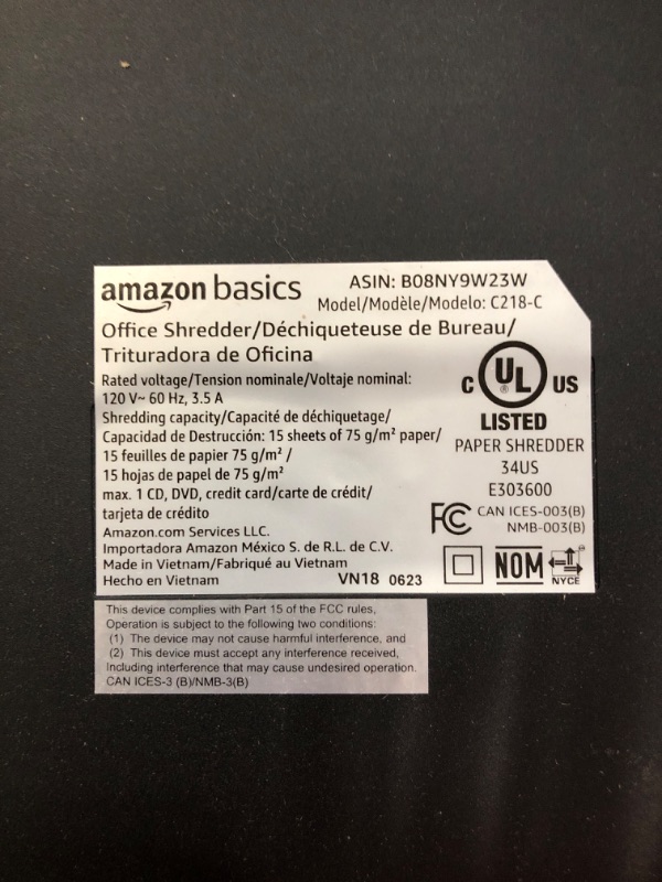 Photo 5 of ***NONFUNCTIONAL - SEE NOTES***
Amazon Basics 15-Sheet Cross Cut Paper Shredder and Credit Card CD Shredder with 6 Gallon Bin