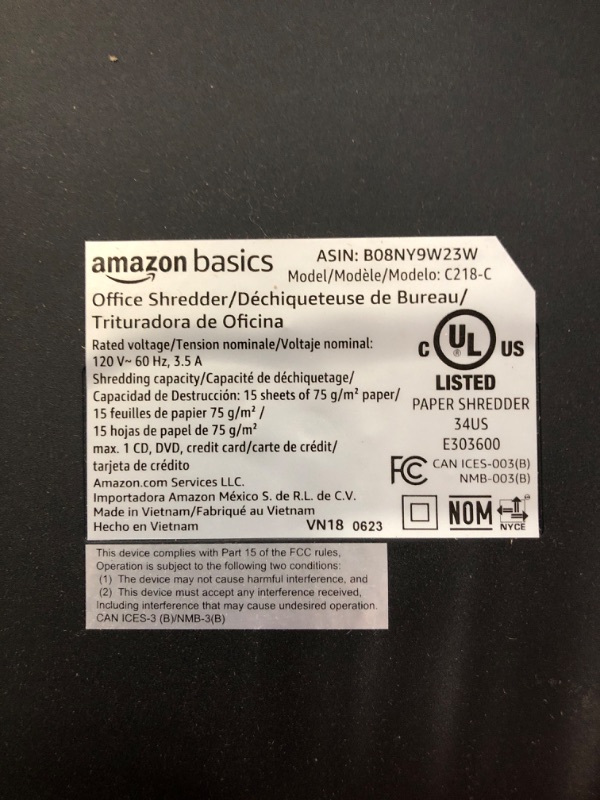 Photo 5 of Amazon Basics 15-Sheet Cross Cut Paper Shredder and Credit Card CD Shredder with 6 Gallon Bin 15 Sheet - new model Shredder