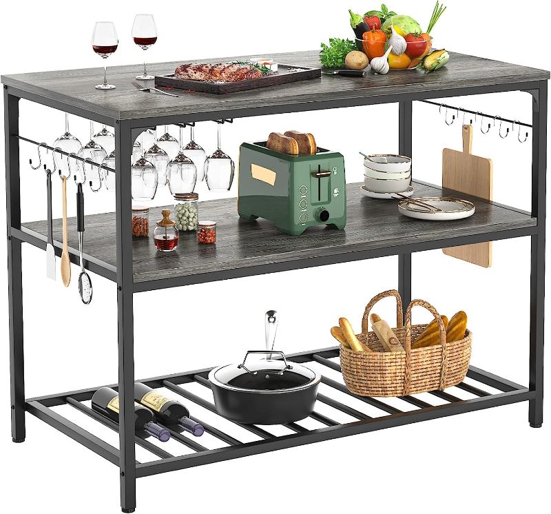 Photo 1 of Homieasy Kitchen Island with Wine Glass Holder, Industrial Wood and Metal Coffee Bar Wine Rack Table, 3 Tier Spacious Kitchen Prep Table Extended Counter with Hooks Easy to Assemble, Black Oak
