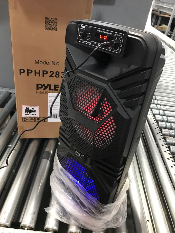 Photo 2 of Pyle Bluetooth PA Speaker System - 600W Rechargeable Outdoor Bluetooth Speaker Portable PA System w/ Dual 8” Subwoofer 1” Tweeter, Microphone In, Party Lights, USB, Radio, Remote - Pyle PPHP2836B Speaker System Speaker System