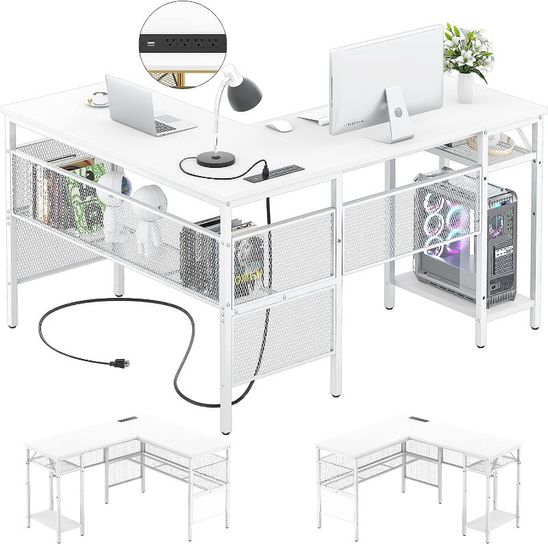 Photo 1 of Unikito Magic Portable 4 Outlets L Shaped Desk, Reversible 55 Inch L-Shaped Computer Desk with Storage Shelf and USB Charging Port, Unique Grid Design,...
