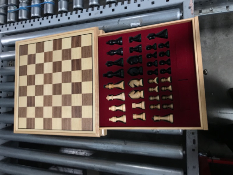 Photo 2 of A&A 15 inch European Ash Wooden Chess Sets w/ Storage Drawer / Triple Weighted - 3.0 inch King Height / European Ash Box w/Walnut & European Ash Inlay / 2 Extra Queen / Classic 2 in 1 Board Games Triple Weighted Pieces w/ European Ash Box