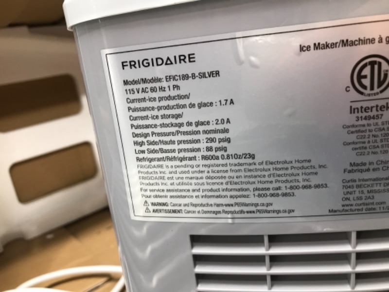 Photo 4 of **FOR PARTS OR REPAIR**
FRIGIDAIRE EFIC189-Silver Compact Ice Maker, 26 lb per Day, Silver (Packaging May Vary) Silver Ice Maker