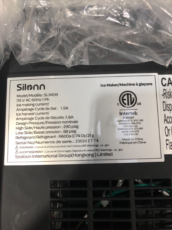 Photo 3 of **PARTS ONLY, NON-FUNCTIONAL** Silonn Countertop Ice Maker, 9 Cubes Ready in 6 Mins, 26lbs in 24Hrs, (SLIM09) Black Ice Maker