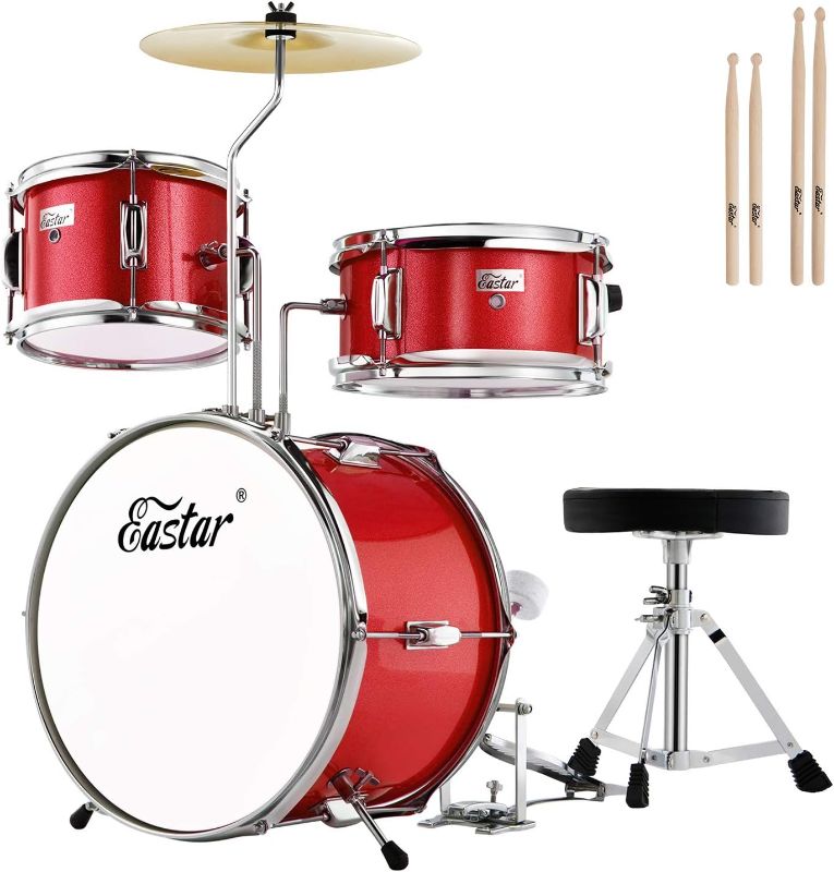 Photo 1 of Eastar Drum Set for Kids and Beginners, 3-Piece 14'' Drum Kit with Adjustable Throne, Cymbal, Pedal & Two Pairs of Drumsticks, Junior Drum Set with Bass Tom Snare Drum, Metallic Red
