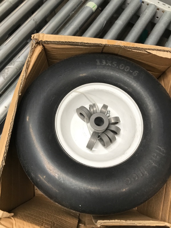 Photo 2 of 2 PCS Upgrade 13x5.00-6 Flat Free Lawn Mower Tire and Wheel with 3/4" & 5/8" Grease Bushing, Zero Turn Mower Front Solid Tire Assembly for Commercial Grade Lawn, Garden Turf, 3.25"-5.9" Centered Hub
